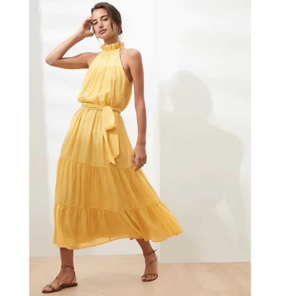 NWT Banana Republic Halter Tie Neck Tiered Ruffle Midi Dress Yellow XL